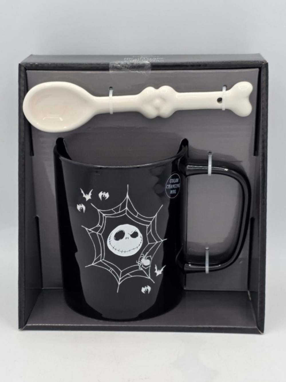 Rae Dunn Nightmare Before Christmas Black Ceramic Mug with Bone Spoon Set